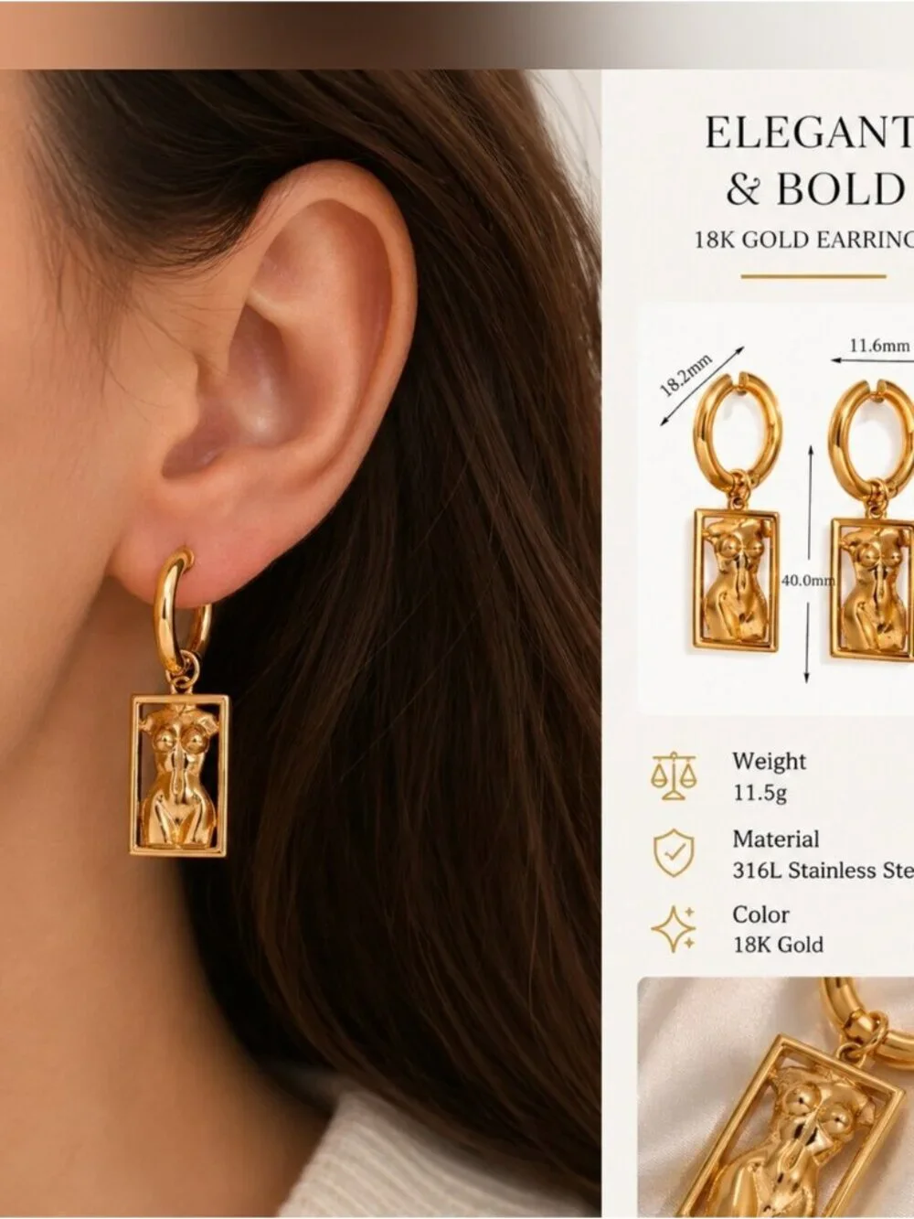 Gold color Sculpted Figure Hoop Drop Earrings